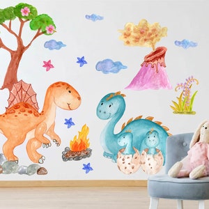 Dinosaur World Wall Decals: Colorful Dinosaurs, Volcano, Trees, Campfire, Hatching Babies Dinos - BR079