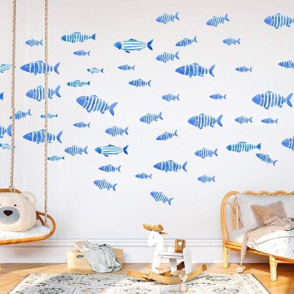 Watercolour School of Fish Kids Room Decal Wall Stickers - Peel & Stick, Removable - BR471