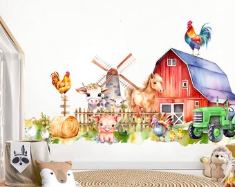 Farm Animals Wall Decal for Kids Room – Watercolor Barn Horse Pig Cow Tractor Sticker-BR563