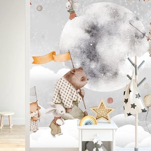 Forest Animal Nursery Wall Mural – Watercolor Bear Bunny Fox Wall Art for Baby Room, Removable Fabric Wallpaper - WM023