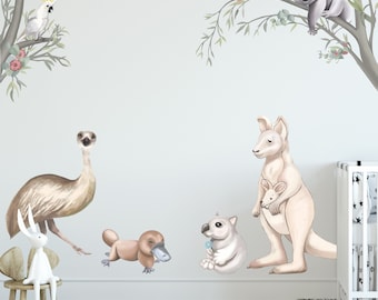 Naklejki ścienne z dziką przyrodą Australii | Koala, Kangur, Emu, Dziobak | Naklejki ścienne do pokoju dziecięcego | Zdejmowane naklejki materiałowe - BR005