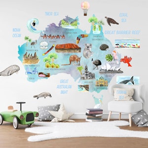 Sticker mural carte de l'Australie à l'aquarelle - animaux, plantes, monuments | Sticker mural éducatif amovible pour chambre de bébé - BR240