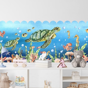 Cartoon Underwater Fabric Wall Mural - Adorable Sea Creatures, Turtles, Octopuses, Seahorses Swimming in Beautiful Watercolor - WM033