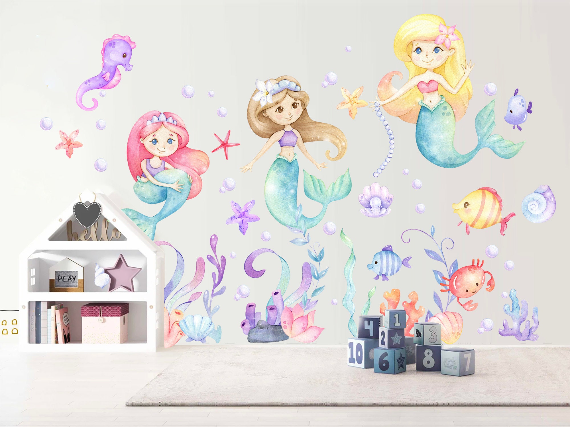 Mermaid Princess Watercolor Wall Decal - Playful Undersea Girls' Room ...