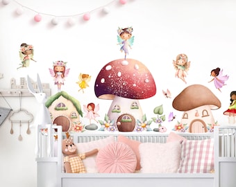 Enchanting Fairy Blossom Wall Decals Set- Tree Mushroom House - Removable Peel and Stick - BR379