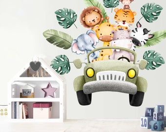 May include: A green toy jeep with a group of animal passengers including a lion, giraffe, elephant, zebra, tiger, and monkey. The animals are surrounded by green leaves. The jeep is on a white wall with a white bookshelf and a rug on the floor.