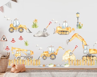 Yellow Construction Machinery Engineering Construction Vehicle Crane Trucks Removable Wall Decal Boys Room Gift - BR187