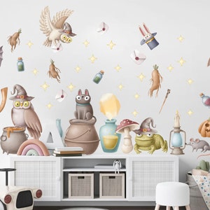 Sticker mural Académie de magie enchantée - Balais de l'aigle, bouteilles de potion, baguettes et chapeaux - BR286