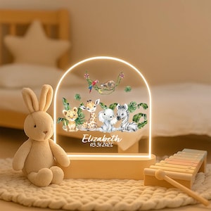 Custom Name Jungle Animal Night Light – Safari Baby Room Lamp with Elephant, Giraffe, Zebra – Kids Nursery Gift -African Animals 1 LED