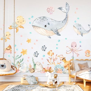 Ocean Babies Watercolor Wall Decal - Playful Sea Creatures for Girls' Room Decor - BR162