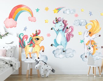 Dancing Unicorns in the Sky: Rainbow, Stars, Flowers Wall Decal - BR081
