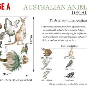 Large decal set featuring Australian wildlife such as koalas, kangaroos, wombats, emus, and parrots with size dimensions.
