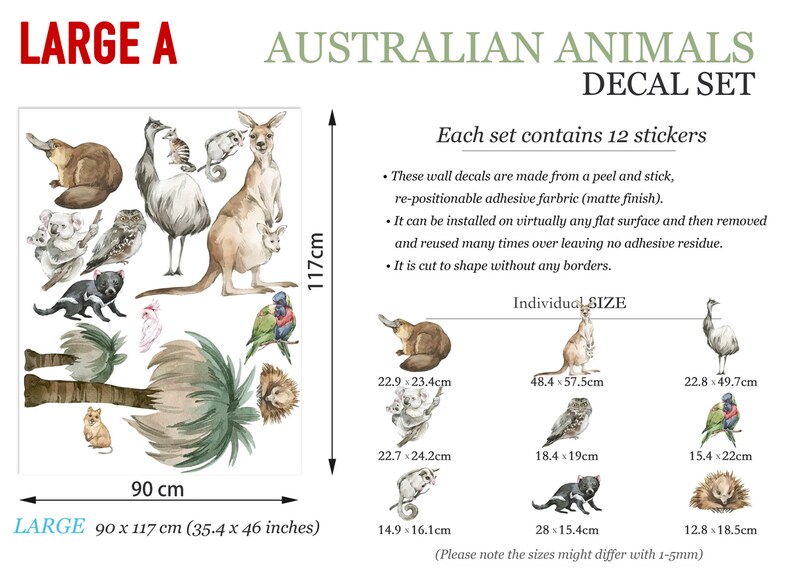 Large decal set featuring Australian wildlife such as koalas, kangaroos, wombats, emus, and parrots with size dimensions.