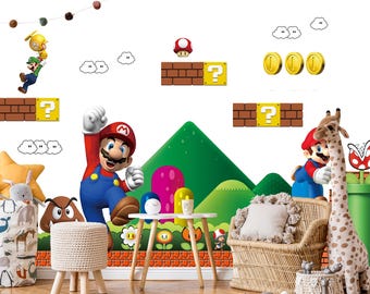 May include: A colorful wall mural featuring characters and elements from the Super Mario video game series. The scene includes Mario, Luigi, coins, question mark blocks, and a green landscape, creating a playful and engaging environment.