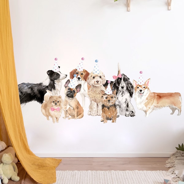 Décal Mural Amovible Chiots Déguisés Aquarelle - Sticker Chambre Bébé Déco Safari