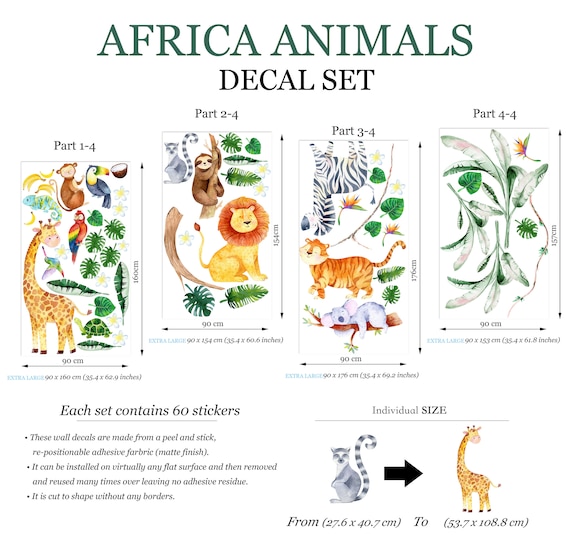 African Animals and Plants Wall Decal - Giraffe Lion Coconut Trees