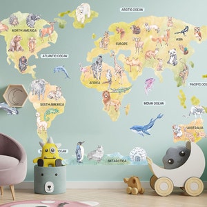 Sticker mural amovible carte du monde de la faune - Animaux représentatifs - BR183