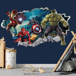Avengers 3D Wall Decal Hulk Spiderman Iron Man Captain America Superheroes coming out 3D Smashed Wall Sticker - BR157