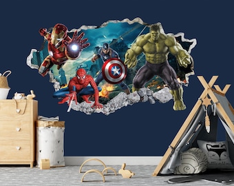 Avengers Hulk Spiderman Iron Man Captain America Superheroes coming out 3D Smashed Wall Decal - BR157