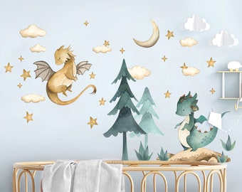 Baby Dragon Resting Under Stars Moon Trees Wall Decal - Removable Peel and Stick - BR426