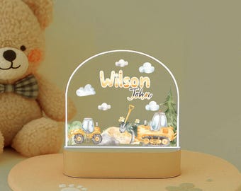 Personalized Construction Truck Night Light for Kids – Custom Name LED Lamp for Boys Room Nursery Gift – LED008