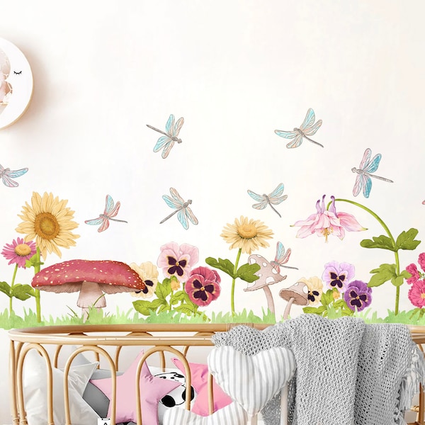 Jungle Wildlife and Flora Wall Decal - Sunflower Mushroom Flying Dragonflies - Kids Room Decor - BR288