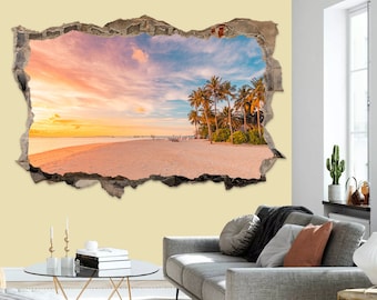 Op de afbeelding: Een tropisch strandbeeld met palmbomen en een zonsondergangshemel. De afbeelding is omlijst door een gescheurd papieren effect, waardoor een 3D-look ontstaat.