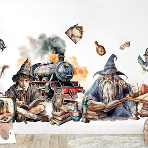 May include: A set of 10 watercolor-style wall decals featuring a wizard, a young witch, a train, an owl, and other magical elements. The decals are perfect for adding a touch of whimsy to any room.