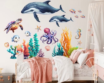 Niedliche Wal-, Schildkröten-, Oktopus- & Korallen-Aufkleber fürs Kinderzimmer-BR441