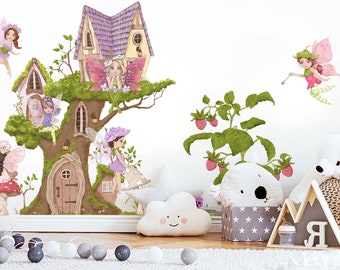 Magical Garden Fairies Wall Decal - Tree House - Girl Room Decor - BR184