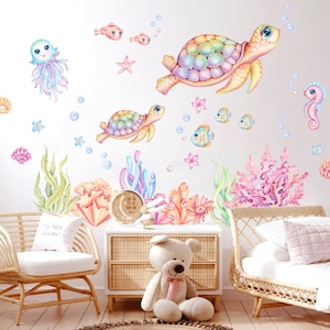 Pink Green Undersea Adventure Wall Decal - Turtle Mom and Baby Play with Octopus and Seahorse Friends - BR306