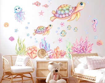 May include: A set of colorful underwater-themed wall decals featuring a seahorse, jellyfish, fish, coral, and turtles. The decals are perfect for a child's bedroom or playroom.