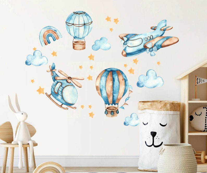 Autocollant Mural Avion Montgolfière Hélicoptère Bleu - Décor Chambre Enfant, Déposable