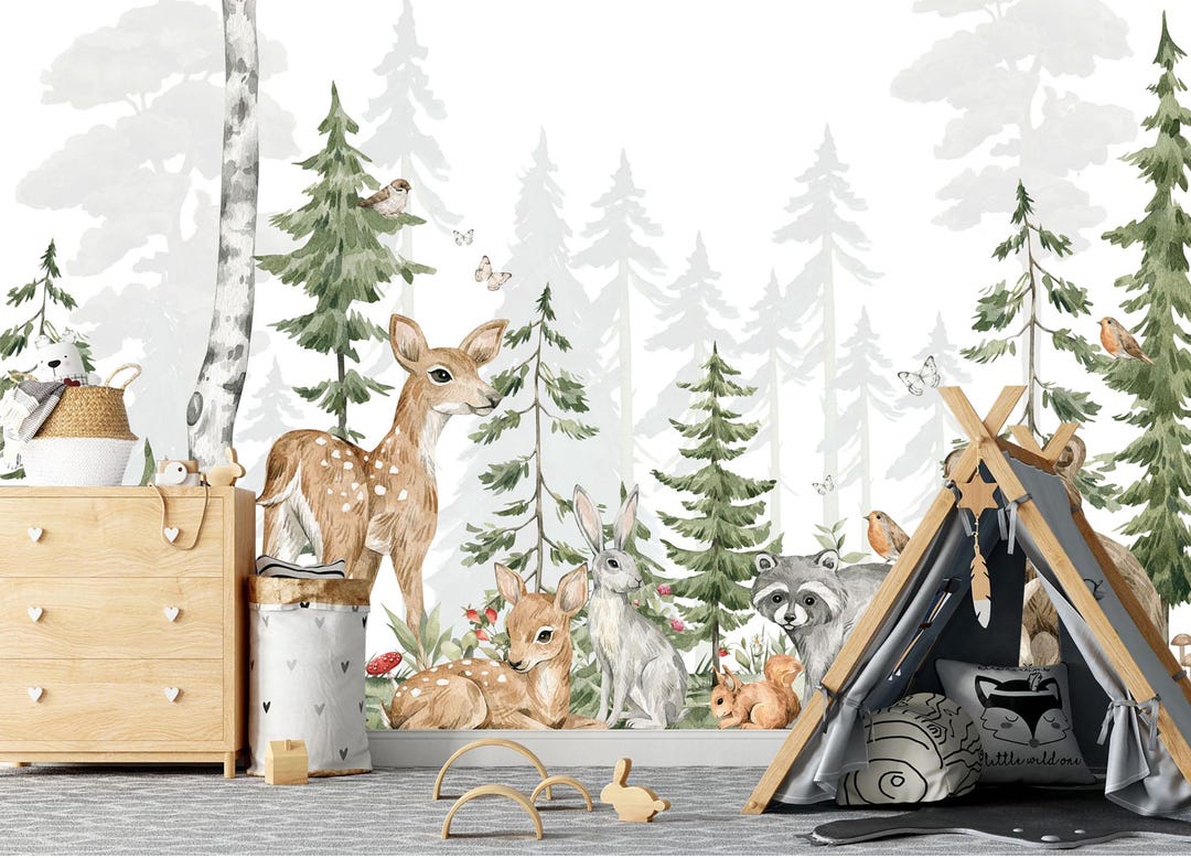 Whimsical Forest Animals Wall Mural – Watercolor Woodland Deer Bear ...