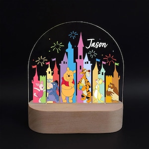 Custom Winnie the Pooh Night Light for Kids – Personalized Name Lamp with Castle and Friends – Nursery Decor Bedside Light -Winnie 7 Led