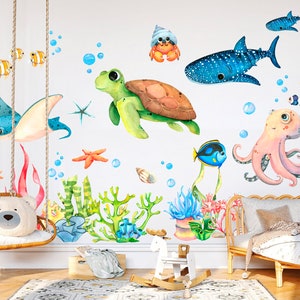 Ocean Playground Cartoon Wall Decal - Underwater Fun for Kids Room - Turtle Whale Octopus - BR253