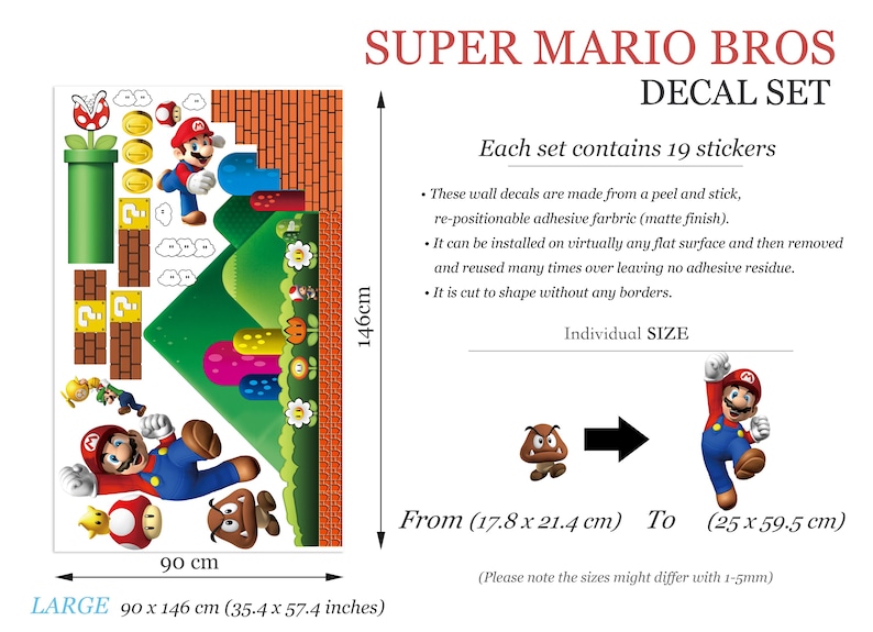 Super Mario Bros Wall Decal for Kids Room – Removable Fabric Sticker ...