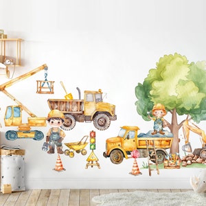 May include: A set of yellow construction vehicle decals featuring a crane, dumper truck, excavator, and a pickup truck. The decals also include two construction workers, traffic lights, and a stop sign. The decals are perfect for adding a fun and playful touch to a child's room.