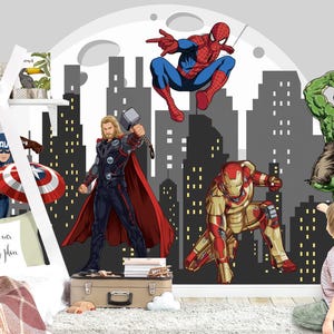 Avengers Superhero Wall Decal - Hulk Iron Man Thor Spider-Man Captain America - Boys Room City Skyline Mural - Removable Fabric - WM027