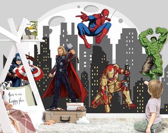 Sticker mural super-héros Avengers - Hulk Iron Man Thor Spider-Man Captain America - décoration murale ville horizon de la chambre des garçons - tissu amovible - WM027