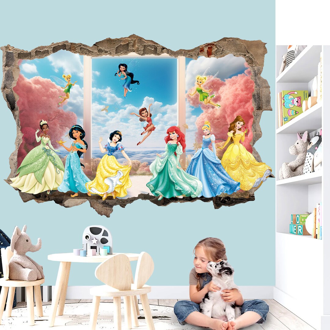 3D Princess Castle Wall Decal Six Beautiful Princesses, Four Playful