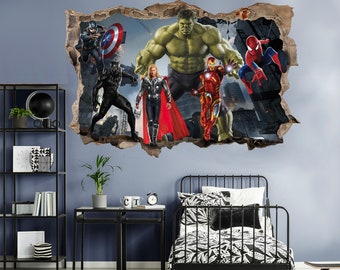 Avengers Superhero Dynamic 3D Decal Superheroes Battling Through Broken Wall Decal for Kids' Rooms - SP016