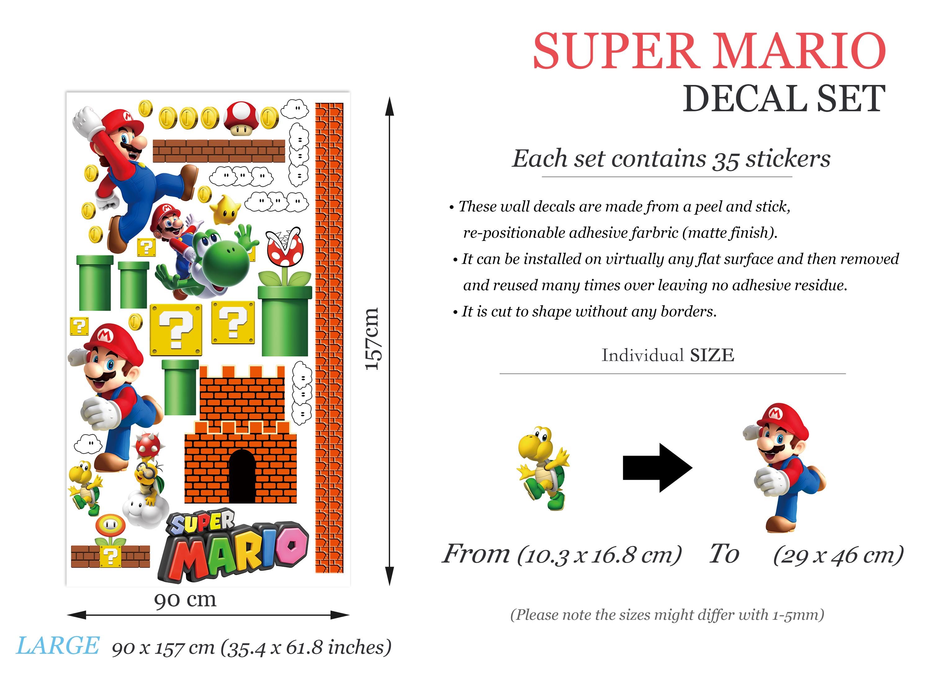 Super Mario Wall Decals for Kids Room – Removable Fabric Sticker Set ...