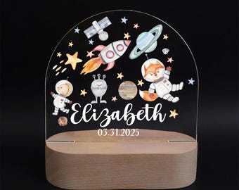 Custom Fox Astronaut Night Light – Personalized Space Lamp with Name – Rocket & Planets LED Nursery Light for Kids Gift -Spack 3 LED