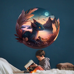 Naklejka ścienna Night Sky Baby Dragon Watch the Moon – zdejmowana, samoprzylepna – BR438
