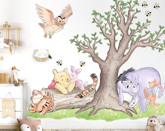 Acuarela Vintage Winnie y amigos pared calcomanía pegatina - calcomanía de pared para guardería - BR485