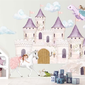 Princess on White Horse Wall Decals - Purple Castle, Dragon - Girls' Room Decor - BR350