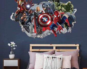 Avengers Hulk Spiderman Iron Man Thor Captain America  3D Wall Decal – Removable Superhero Sticker for Boys Room Playroom Wall Art - BR104
