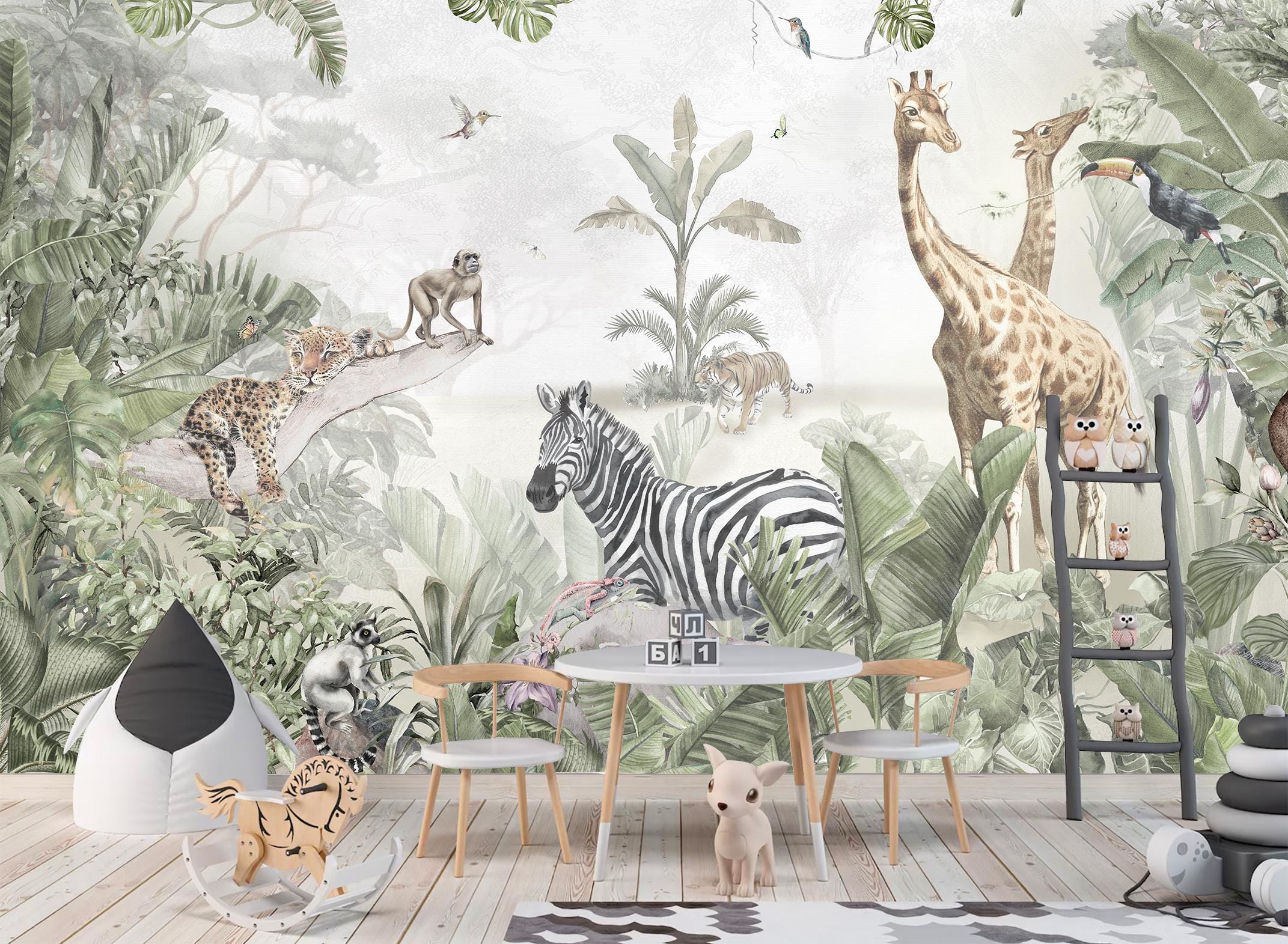 Jungle Safari Animals Mural Wallpaper for Kids Room – Watercolor ...