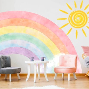 Sticker mural soleil arc-en-ciel radieux - Décoration pour chambre de fille de style aquarelle - BR192